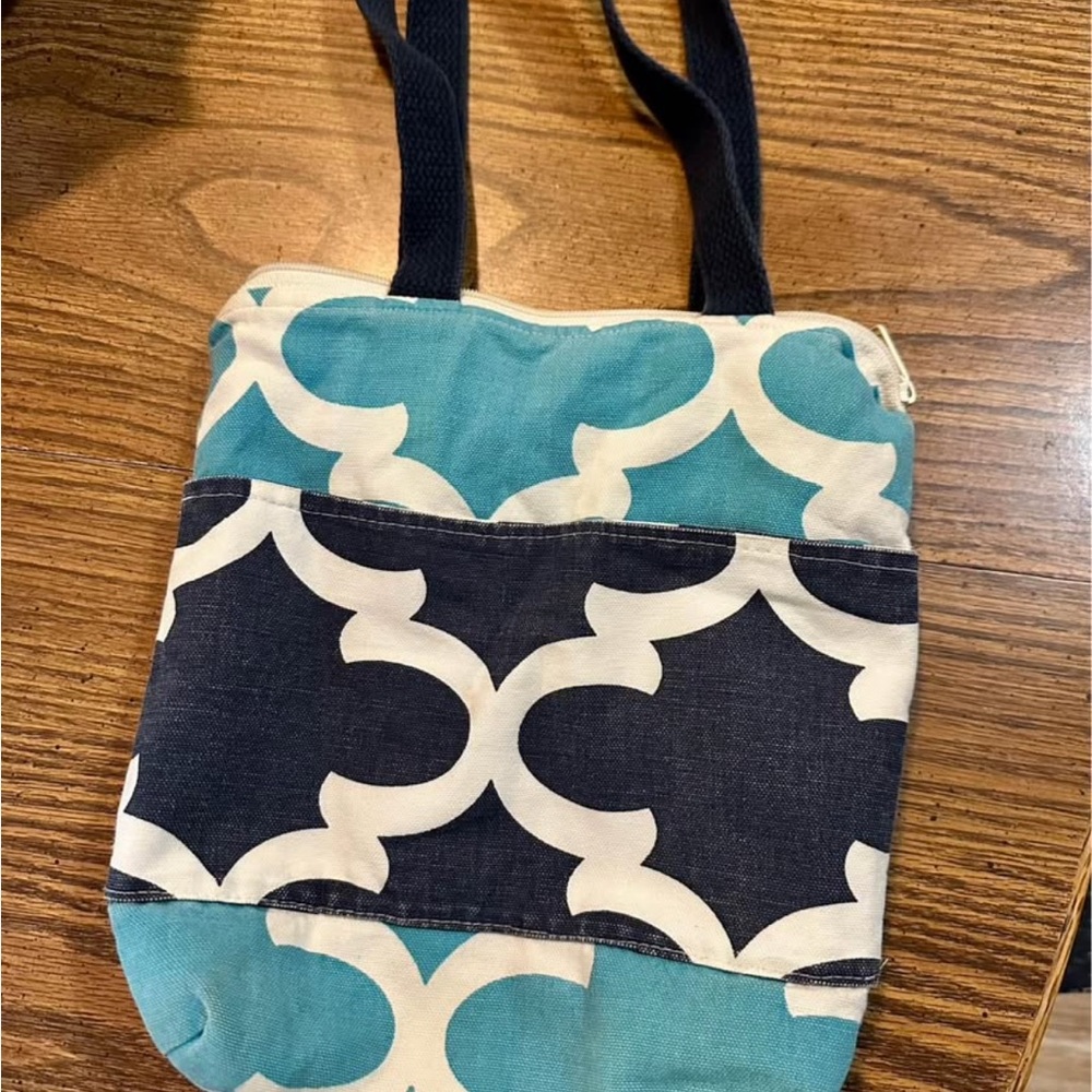 Stylish Teal and Navy Patterned Lunch Bag - Lined